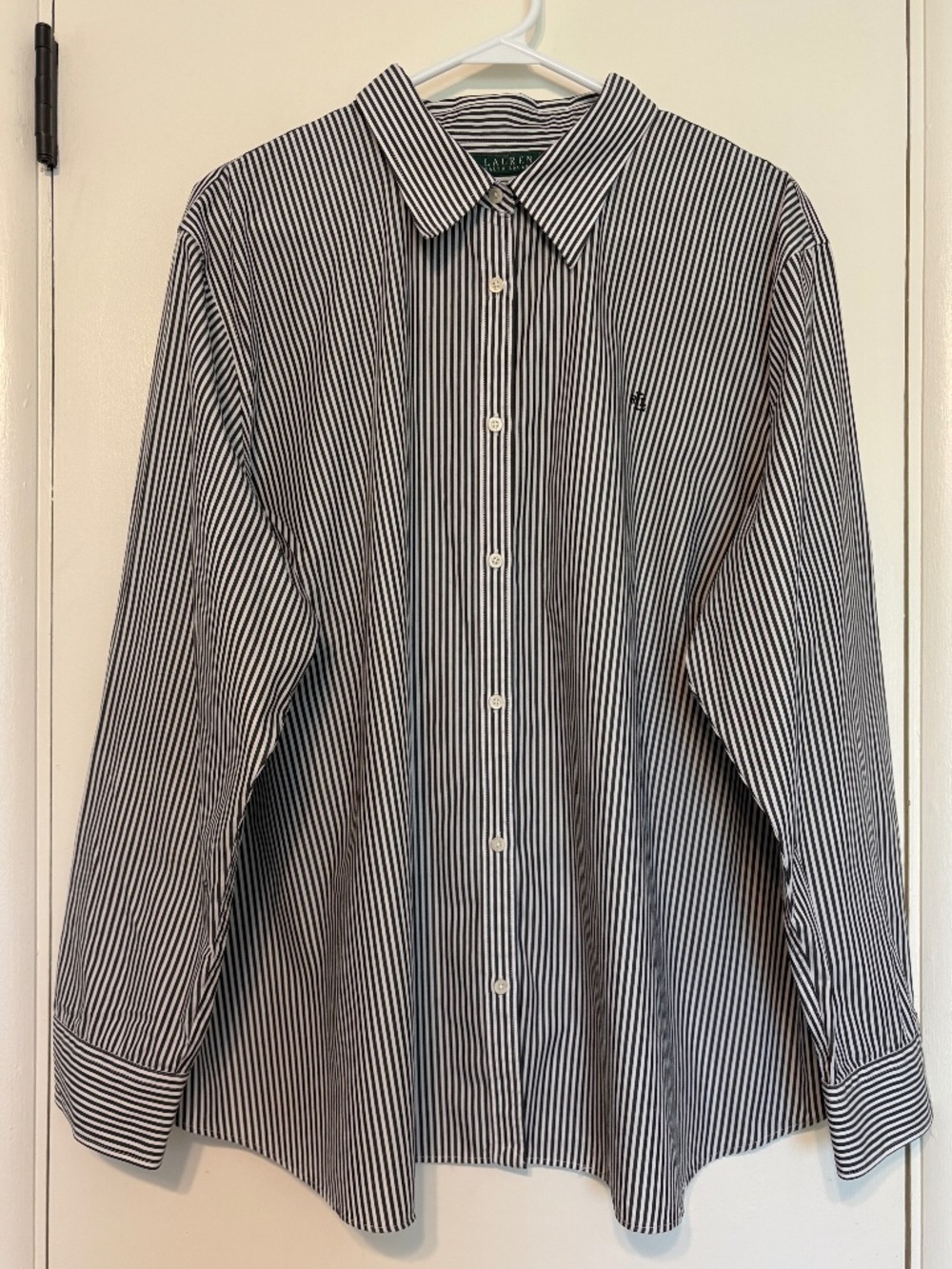 LRL Ralph Lauren Women's Plus Black Stripe Non-Iron Button-Front Shirt Top 3X